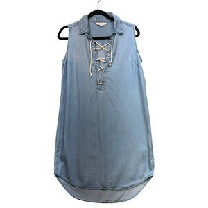 Beachlunchlounge Womens Sleeveless Chambray Tunic Dress Blue Lace-Up Front S/P C